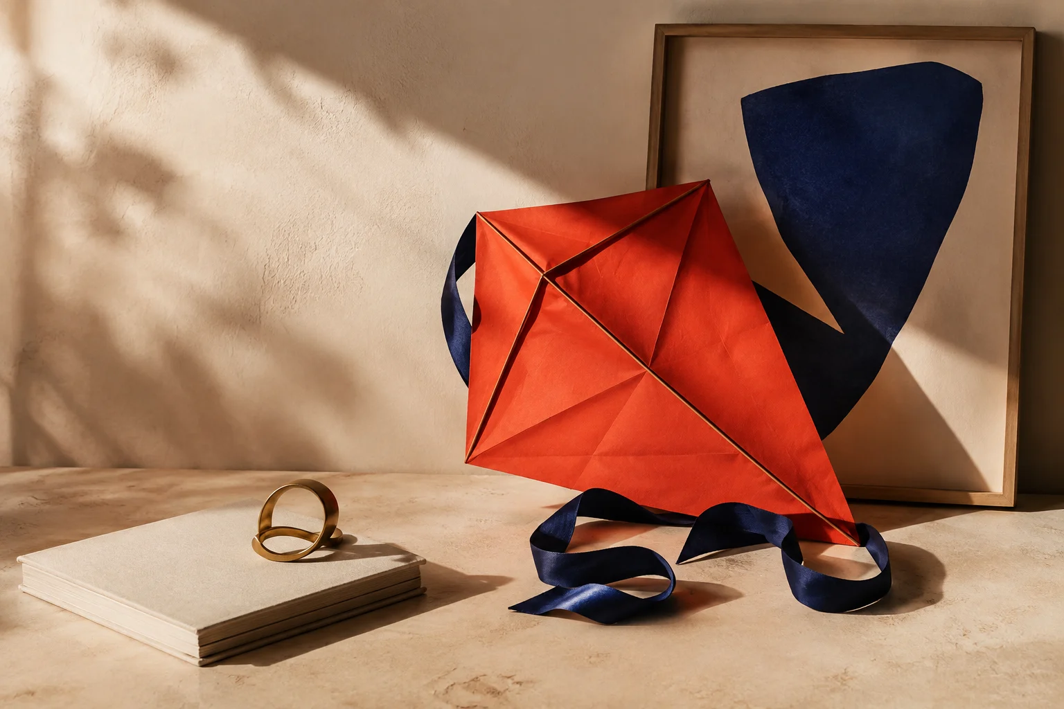 A folded vermilion kite, cobalt artwork, a linen book and a sculptural brass ring in a sunlit studio